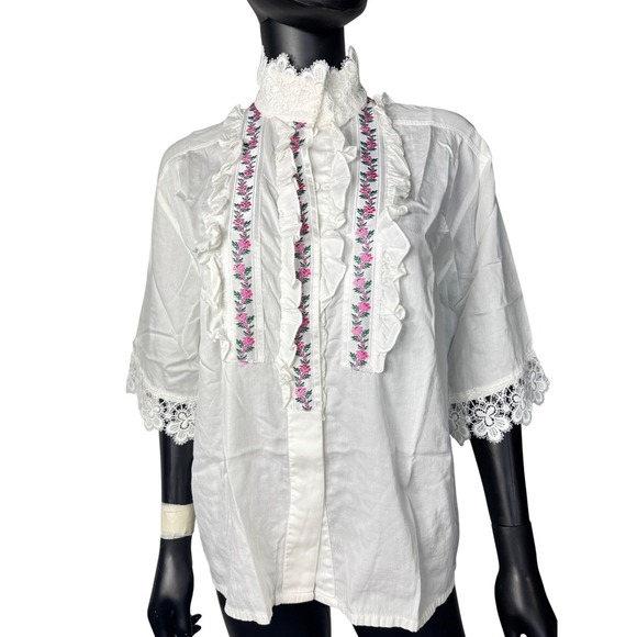 Seidensticker White Floral Embroidered Lace Trim Blouse Top Size 38 Vintage - Picture 1 of 16